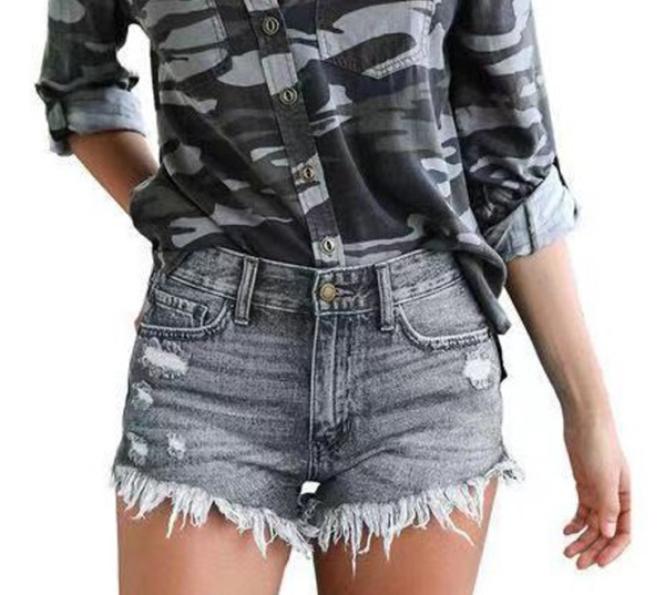 Ladies Casual Ripped Finged Shorts Jeans